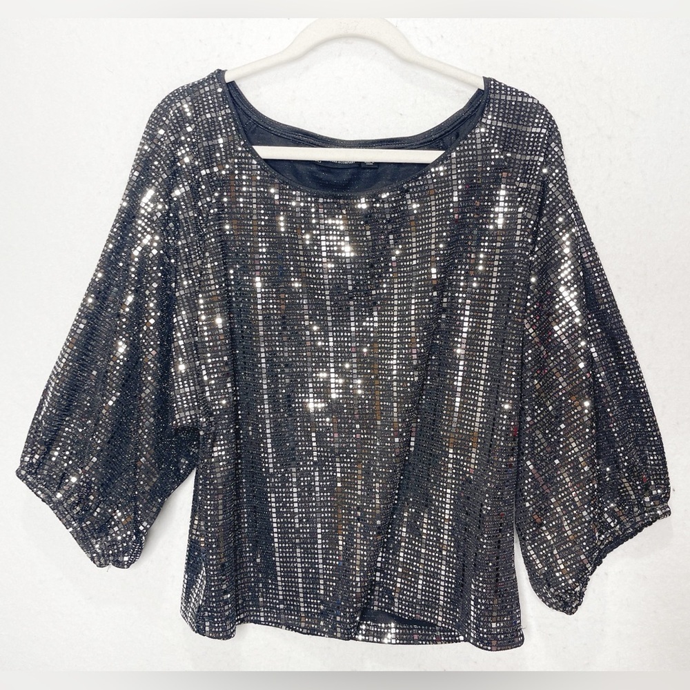 New York & Company Black Silver Sparkly Shirt Balloon Sleeve Holiday Party